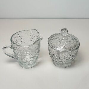 Princess House Glass Creamer and Sugar Bowl with Lid  Fantasia Poinsettia Design